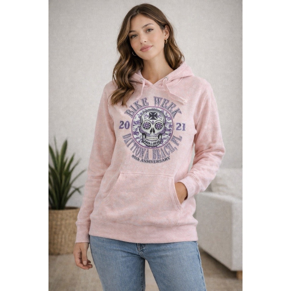 Bike Week Daytona Beach Hoodie Women's Small Pink Skull Graphic Pullover  Cozy